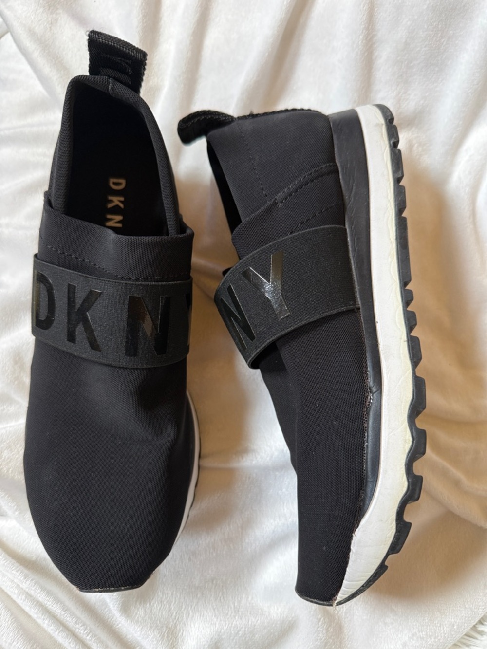 DKNY Black Slip-On Stretch Sneakers with Logo Strap